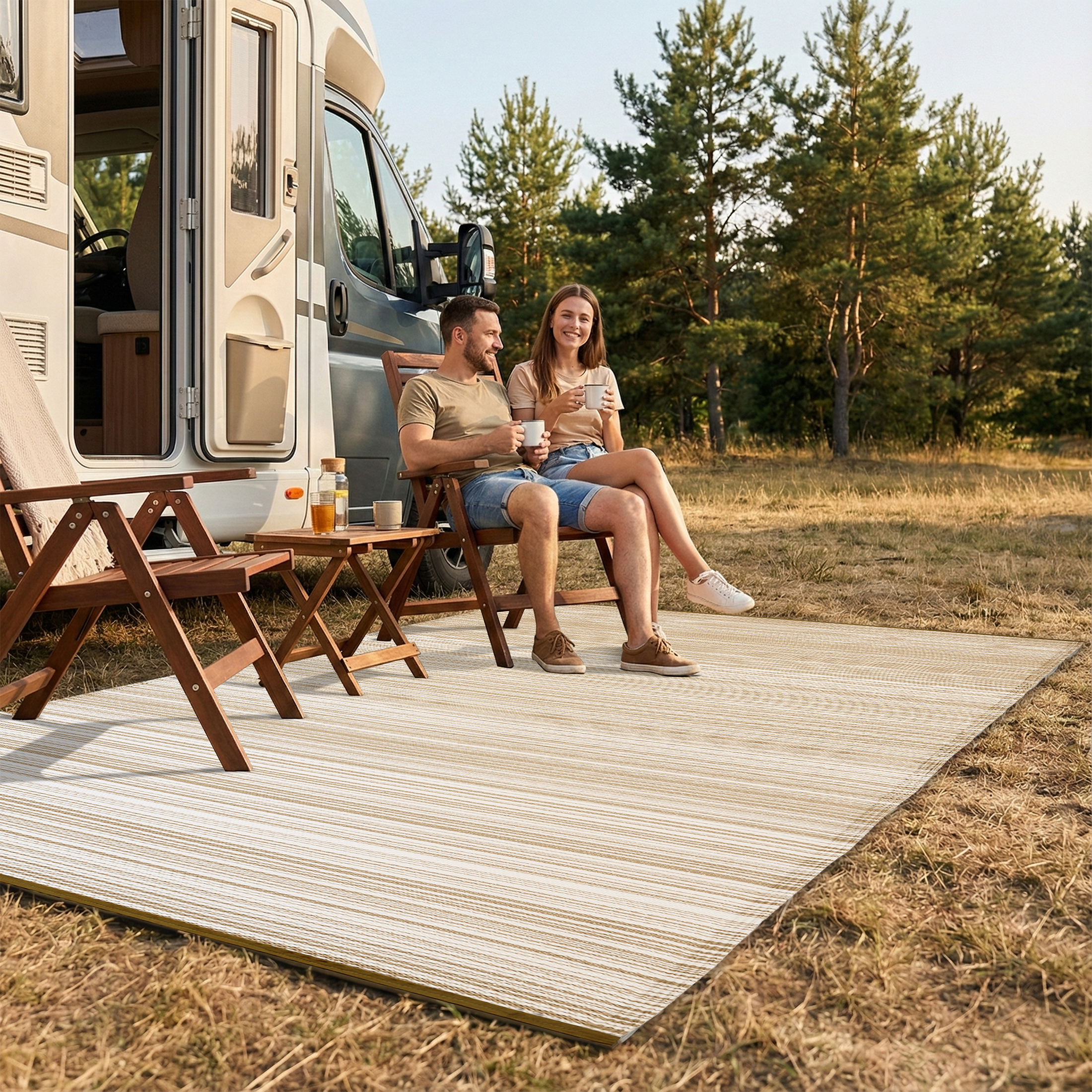 Lifestyle view of couple on beige and white striped foldable outdoor rug by camper van